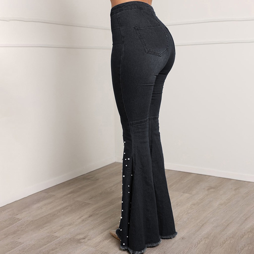 Plus Size High Waist Bell-Bottom Jeans Tassel Loose Straight Pant