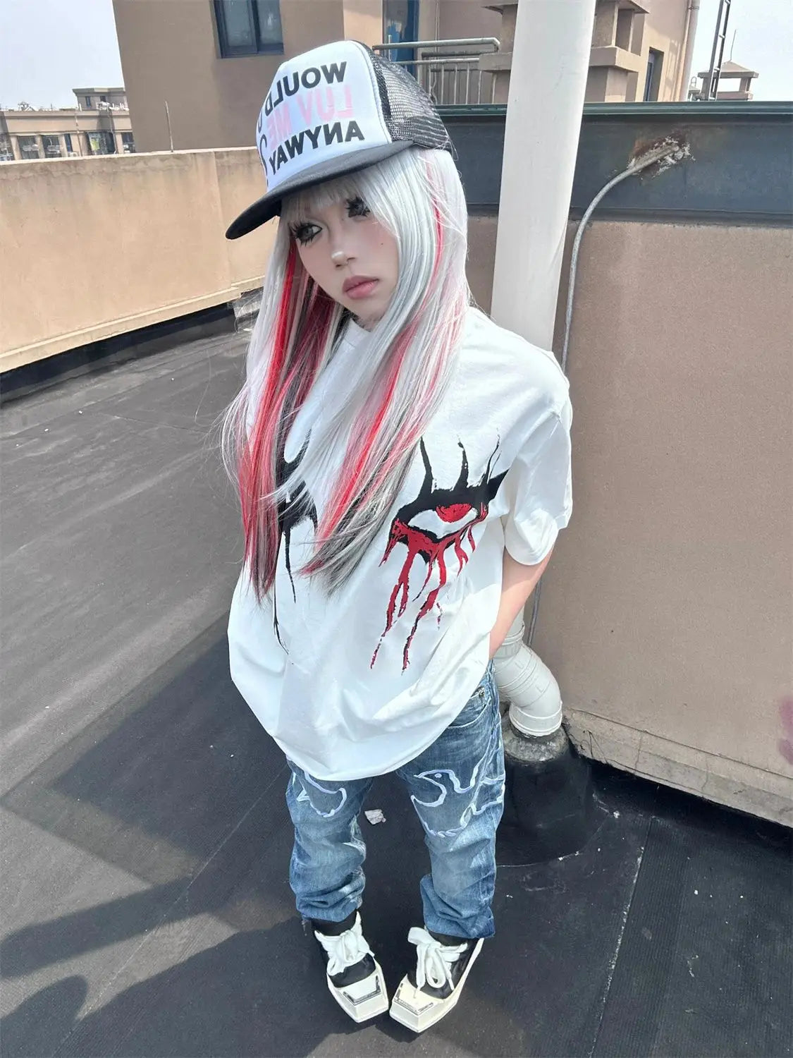 American Gothic Demon Eye Print Cotton T-Shirt