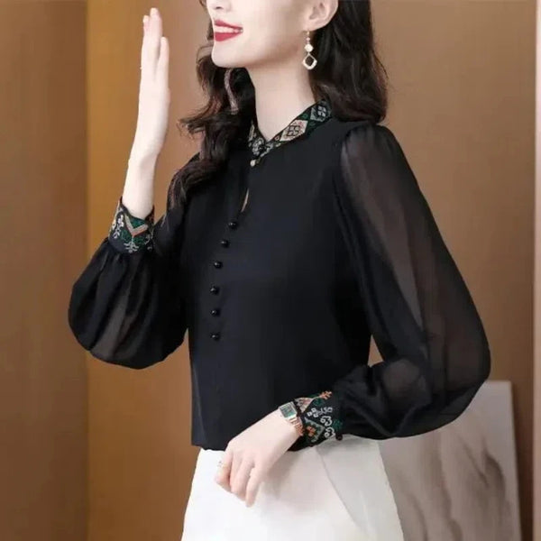 Embroidered Chiffon Blouse Stand Collar Elegant Spring Top