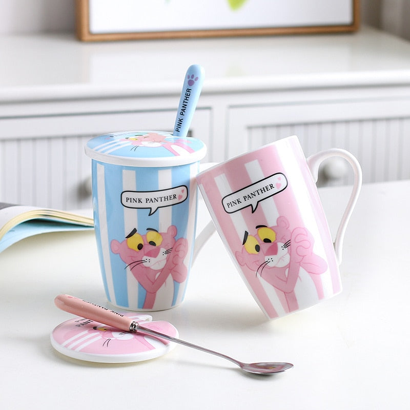 Ceramic Pink Panther Coffee Mug With Spoon Lids Cute Cartoon