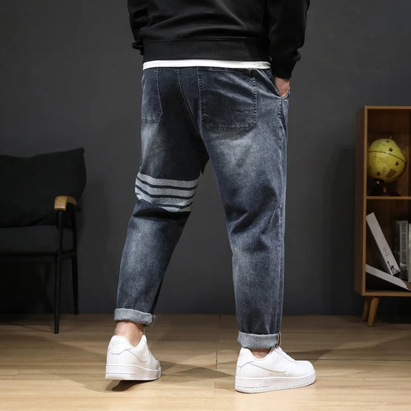 Trendy 8XL Men’s Striped Print Jeans Casual Stretch Denim Plus Size