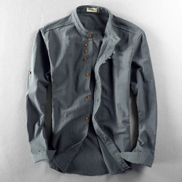 Mens Linen Mandarin Collar Shirt Chinese Style Long Sleeve Tunic