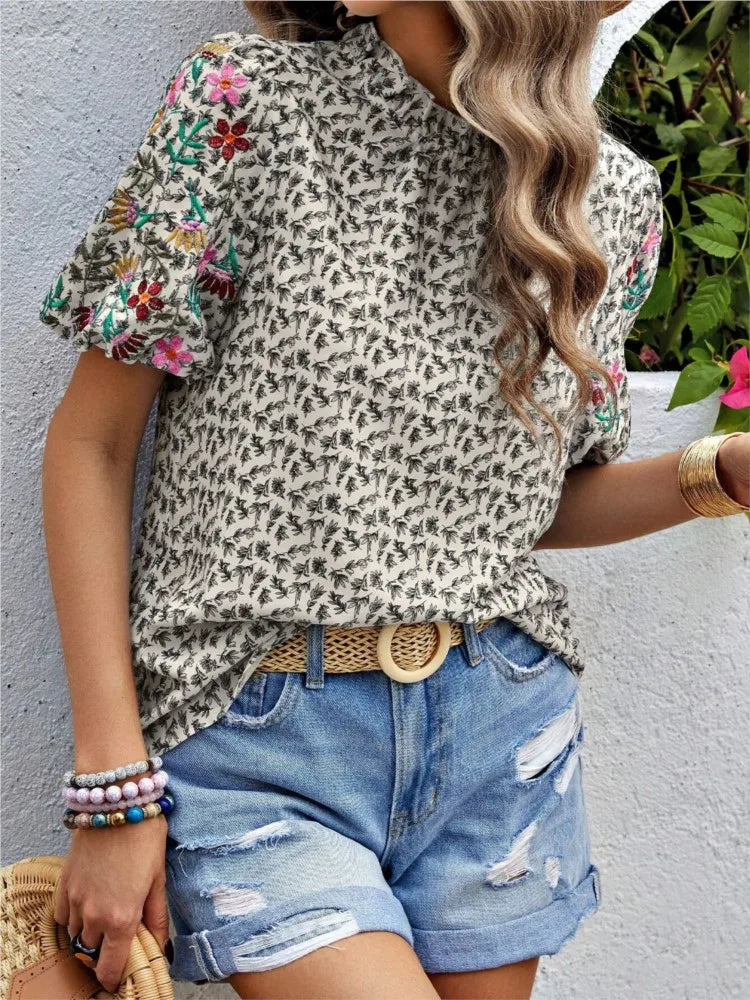 Floral Women's Blouses Summer Fashion Loose Folds O Neck Short Sleeve
