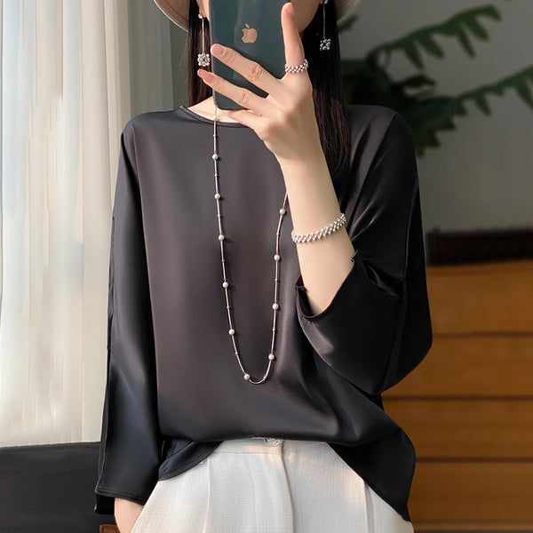 Womens Satin Blouse Three Quarter Sleeve Loose Fit Silk Top