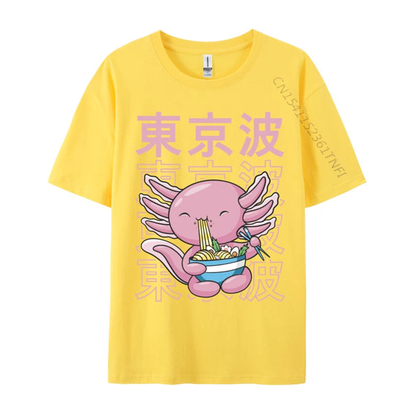 Kawaii Axolotl Eating Ramen Noodles T Shirt Autumn Hip hop