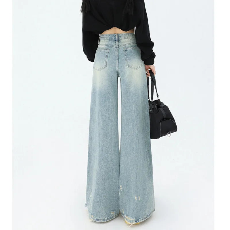 Women's Mid-Waisted Wide Leg Ripped Jeans Sky Blue Streetwear Denim