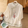 Womens Vintage Embroidered Top Cotton Linen Loose Summer Shirt