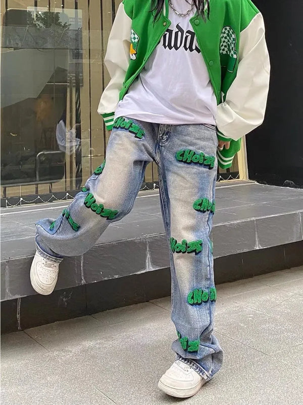 Women High Waist Embroidered Hip-Hop Wide Leg Jeans Fall