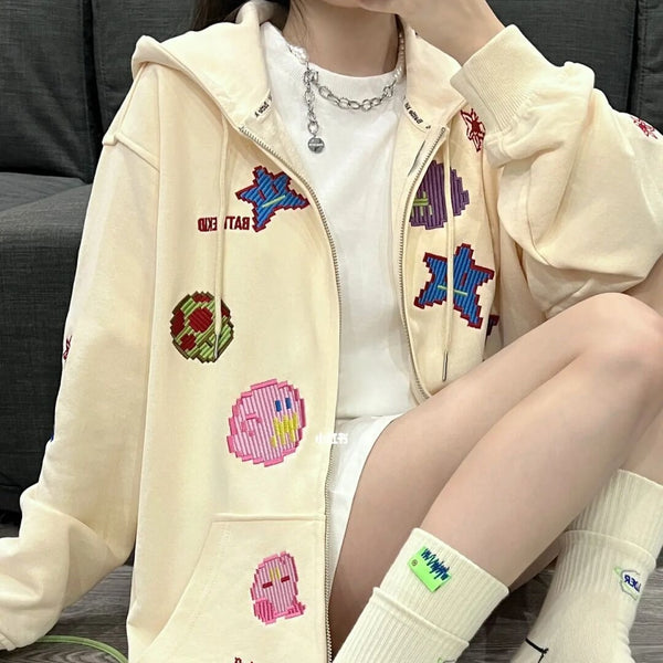OversizedSweatshirt Hoodies Women Vintage Funny Pixel Pattern