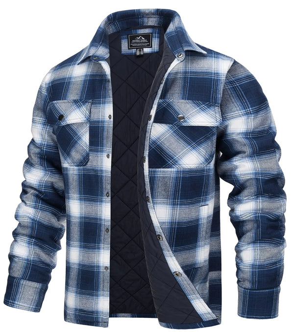 Men’s Plaid Flannel Shirt Jacket – Quilted Lined Winter Cotton Coat with Multi Pockets
