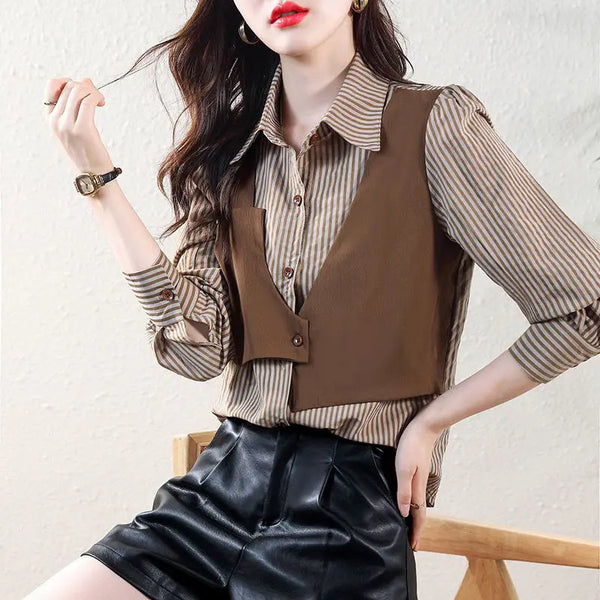 Spliced Striped Fake Two Pieces Shirt Women's Clothing