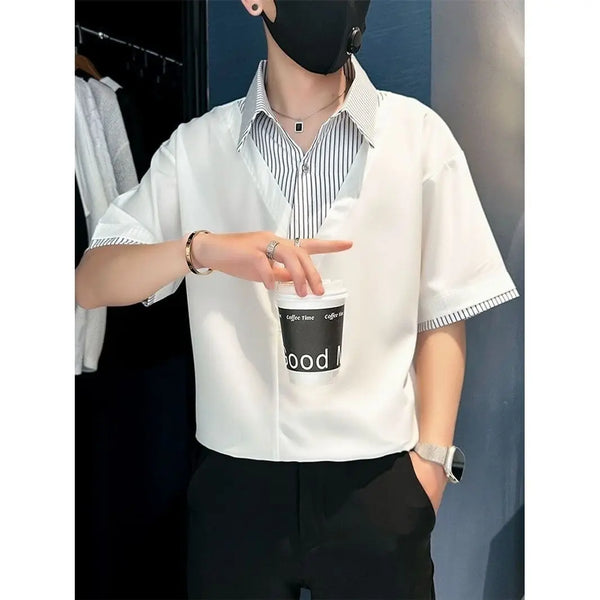 Fashion Patchwork Striped Short Sleeve Shirt Men Trendy