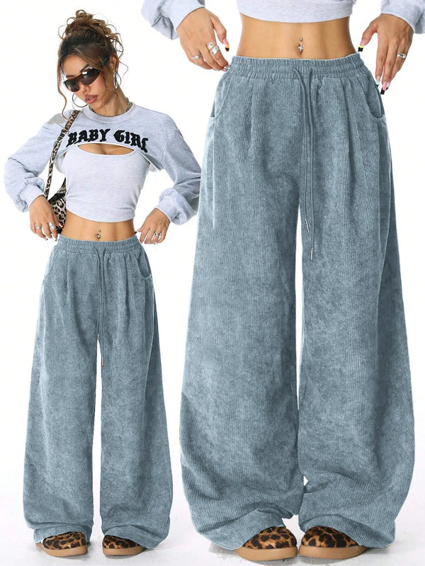 Women High Waisted Wide Leg Pants Drawstring Casual Lounge Trousers