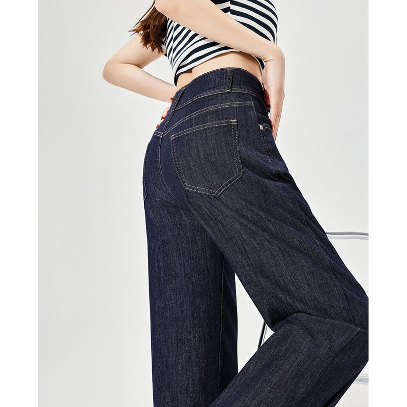 Women Jeans High Waist Straight Loose Double-breasted Denim Pant Casual