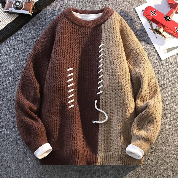 Mens Crew Neck Sweater Drawstring Splice Knit Pullover Fall Winter