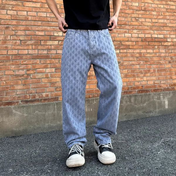 Men's Retro Washed Denim Jeans Hip-Hop Streetwear Loose Fit Pants