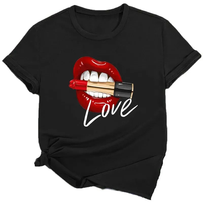 Women Tops O-neck Sexy Black Tees Kiss Lip Funny Summer Female