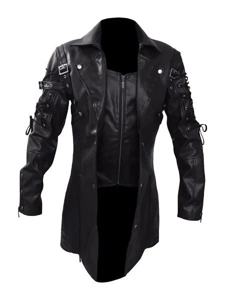 Steampunk Gothic Trench Leather Biker Jacket Men Punk Winter Coat
