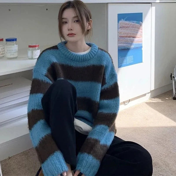 Womens Striped Knit Sweater Oversized O Neck Pullover Casual Top