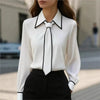 Bow Tie Blouse Women Long Sleeve Office Contrast Trim Work Shirt