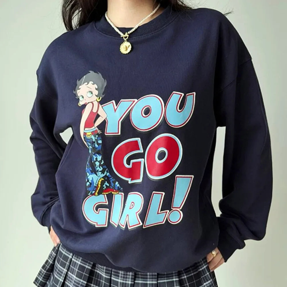 You Go Girl Cartoon Sweatshirt Women Vintage Loose Warm Pullover
