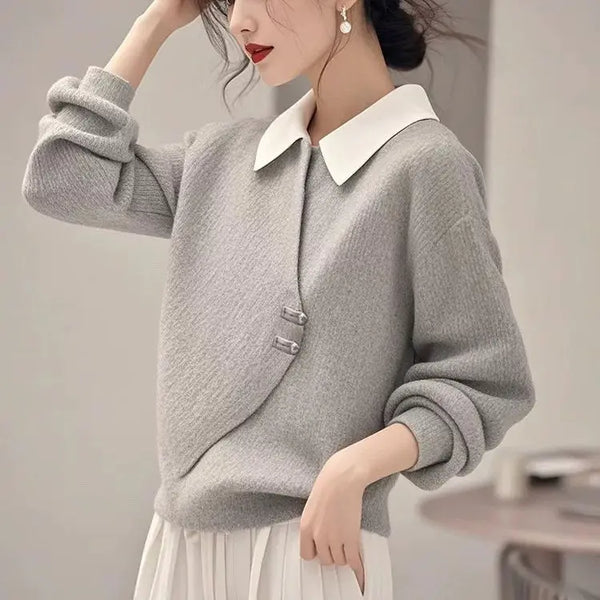 Womens Corduroy Sweatshirt Layered Look Gray Polo Collar Korean Style