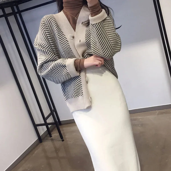 Striped Cardigan Sweater Women Long Sleeve Knit Jacket Fall Winter