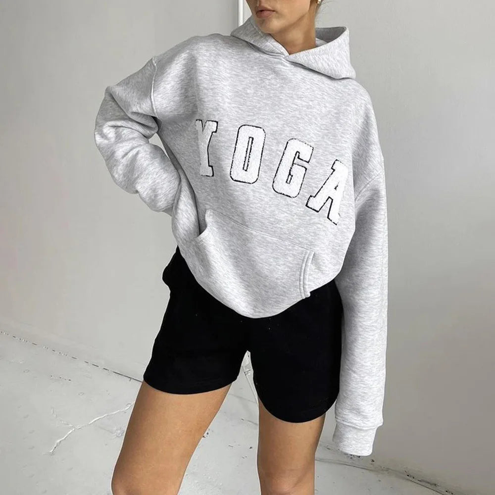 Gray YOGA Letter Embroidered Loose Hoodie Women