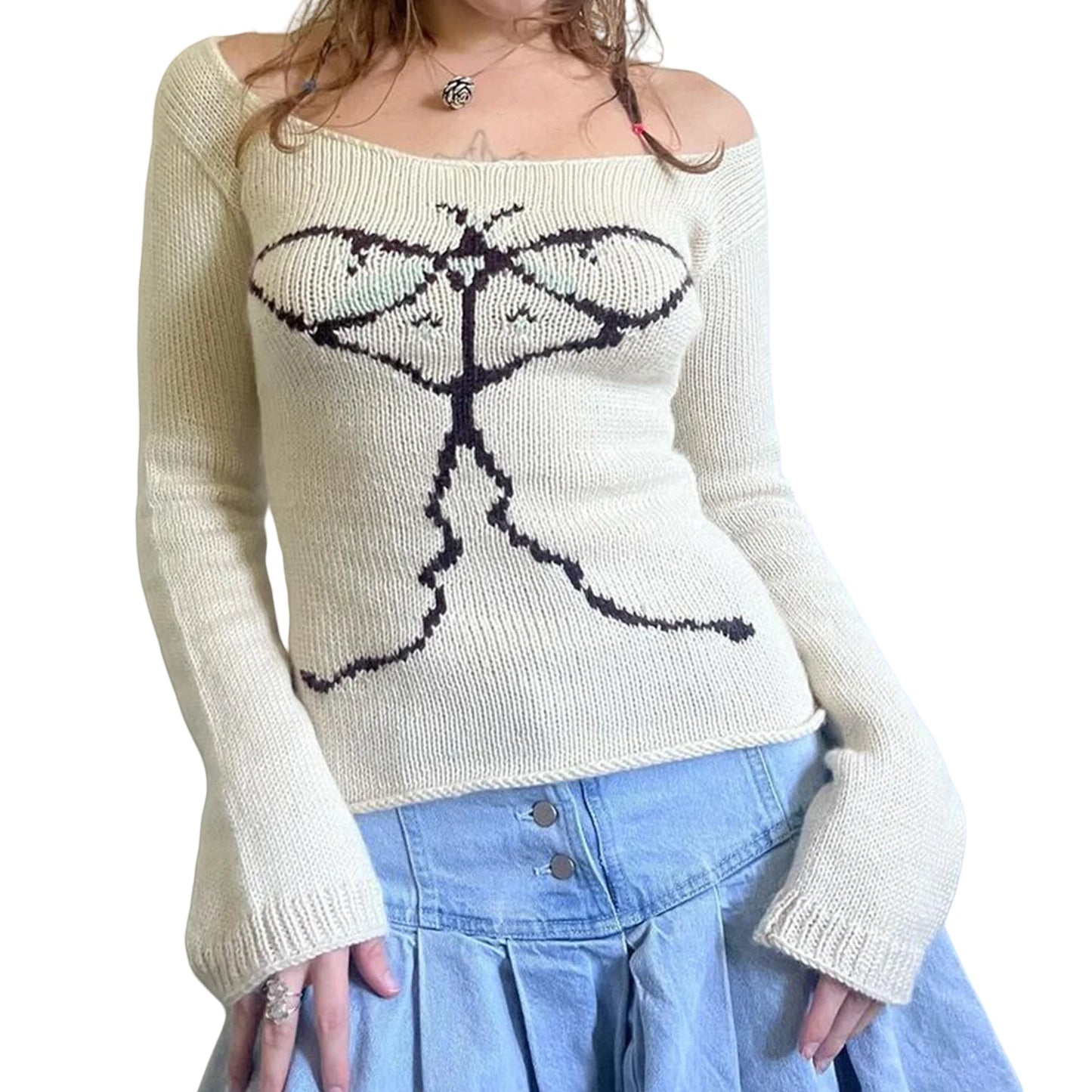 Women’s Vintage Off Shoulder Graphic Sweater Slim Fit Knit Top