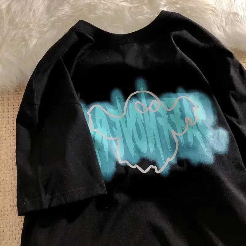 Funny Ghost Print T-Shirt Women Y2K Harajuku Grunge Streetwear Top