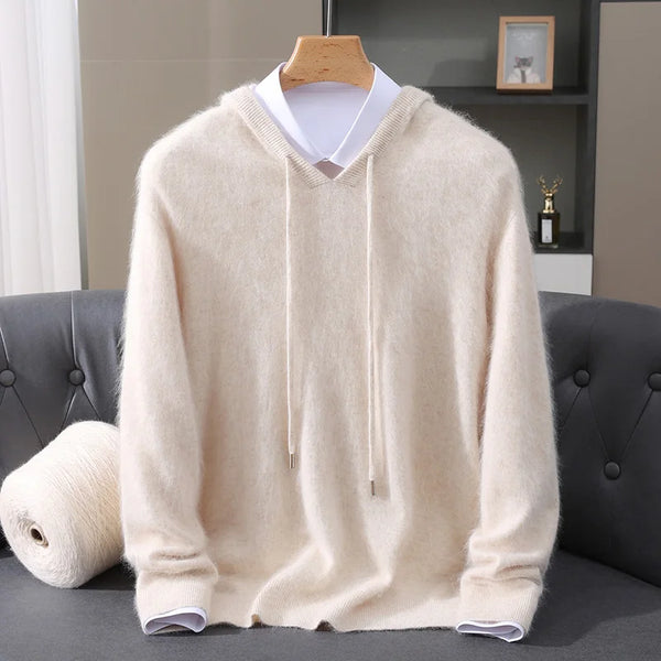 Mens 100 Percent Mink Cashmere Hooded Sweater Pullover Knit Top