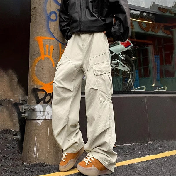 Mens Big Pocket Cargo Pants Wide Leg Baggy Workwear Hip Hop Style