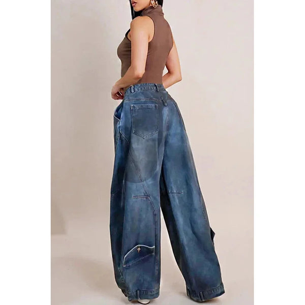 Womens Y2K Asymmetric Jeans Washed Denim Loose Fit Grunge Harajuku