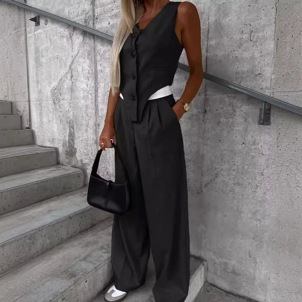 2025 Striped Blazer Vest and Ruched Wide Pants Set Women Office Outfit