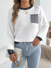 Womens Color Block Stripe Sweater Puff Sleeve Pocket Fall Winter