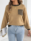 Womens Color Block Stripe Sweater Puff Sleeve Pocket Fall Winter