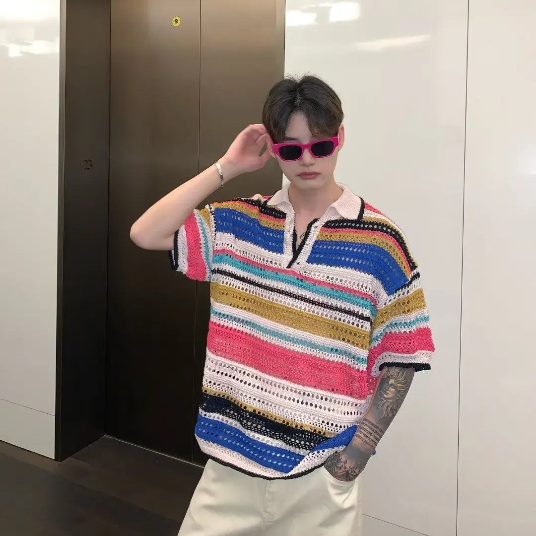 Retro Rainbow Striped Knit Polo Shirt Men Harajuku Loose Casual