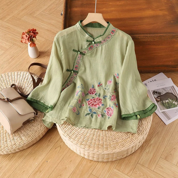 Womens Vintage Embroidered Top Cotton Linen Loose Summer Shirt