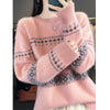Womens Wool Sweater Jacquard Crew Neck Oversized Pullover