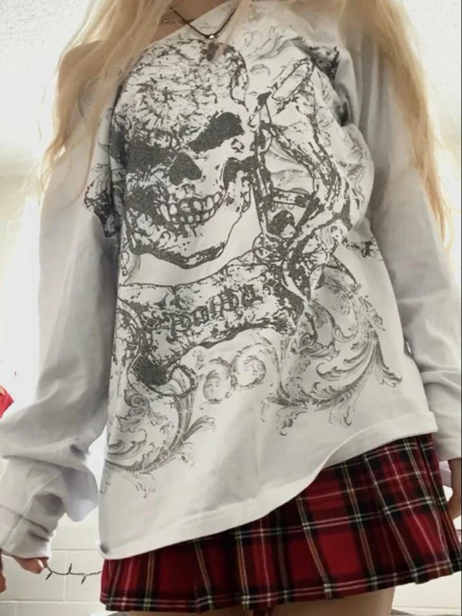 Women’s Grunge Skull Print Off-Shoulder Halloween Loose Pullover