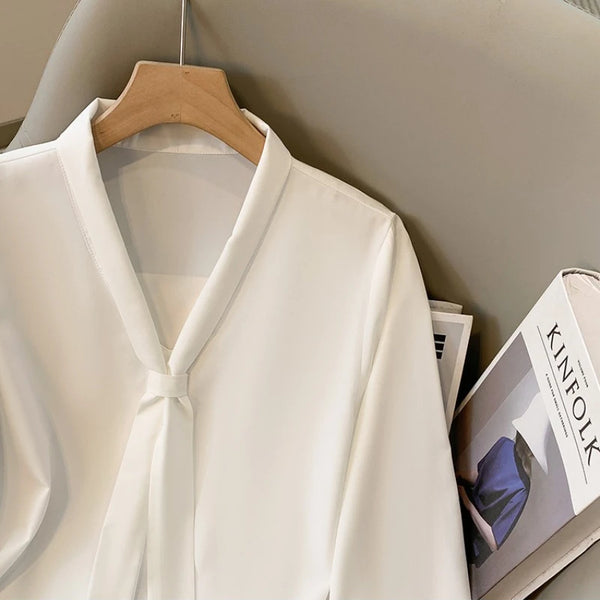 Plus Size Chiffon Blouse Women V Neck Bow Tie Long Sleeve Top