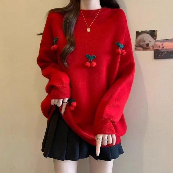Women’s Christmas Red Cherry Sweater – Cute Long Sleeve Winter Pullover