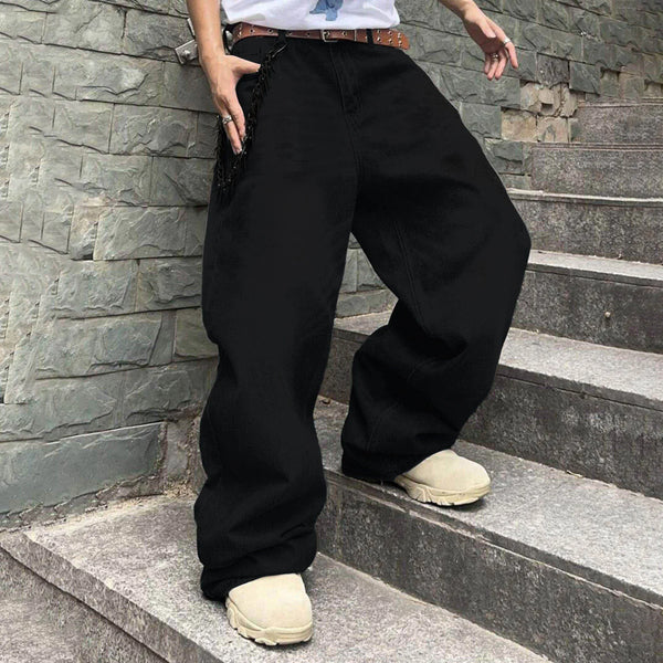 Men Baggy Denim Pants Wide Leg High Waist Belt Casual Trousers