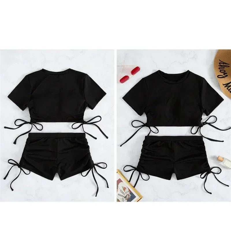 Crop Top Shorts Bottom Swimsuits Women Black Drawstring Swimwear Ribbed