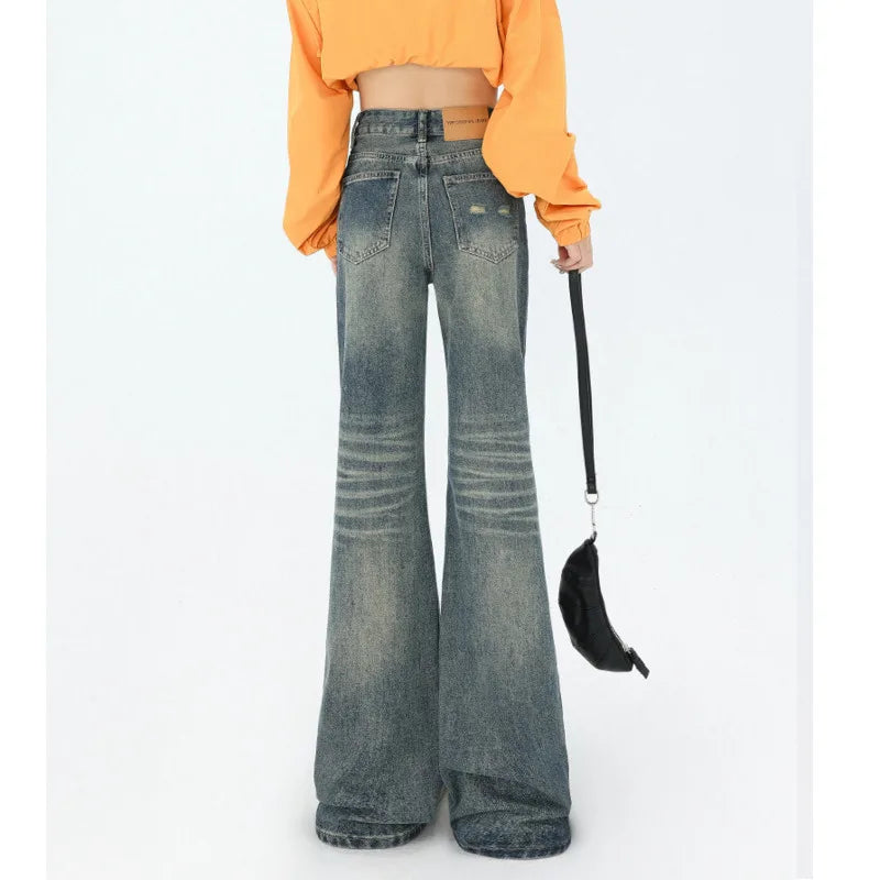 Women's Vintage Wide Leg Jeans Mid Waist Blue Flare Streetwear Denim