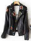 Vintage Floral Embroidered Faux Leather Jacket for Women