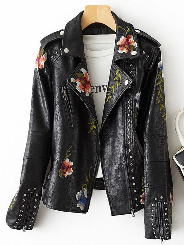 Vintage Floral Embroidered Faux Leather Jacket for Women