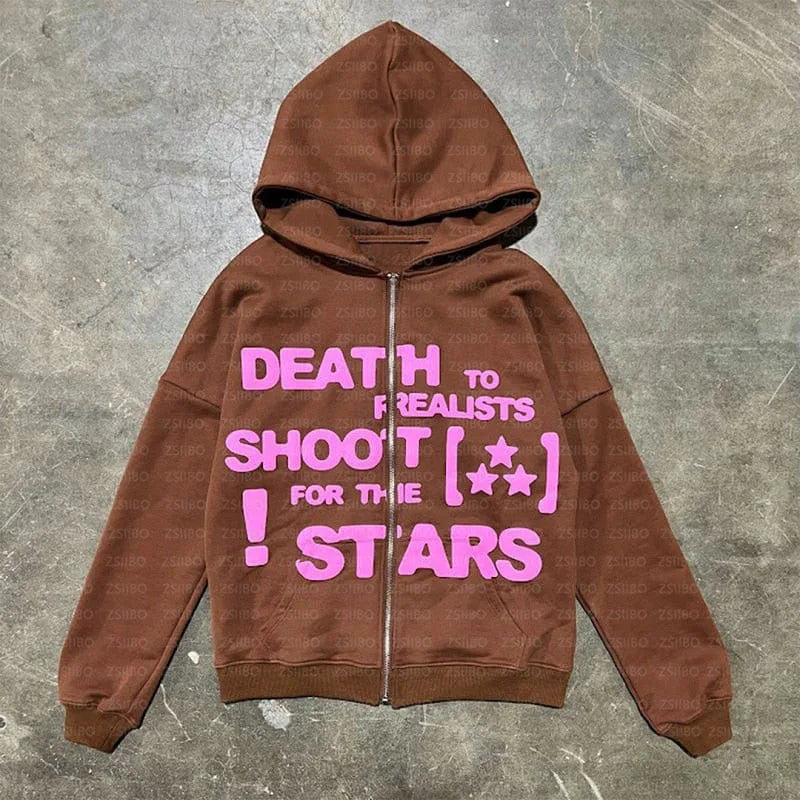 2025 Letter Print Oversized Hoodie Men Zipper High Street Fashion