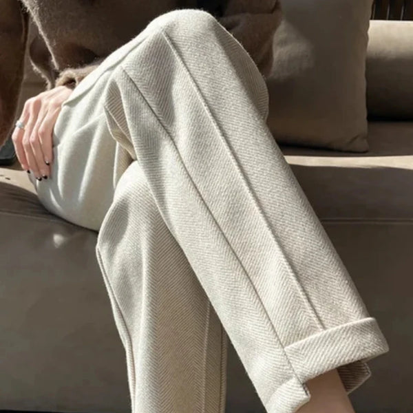 Womens Tweed Pants High Waist Herringbone Straight Cropped Winter