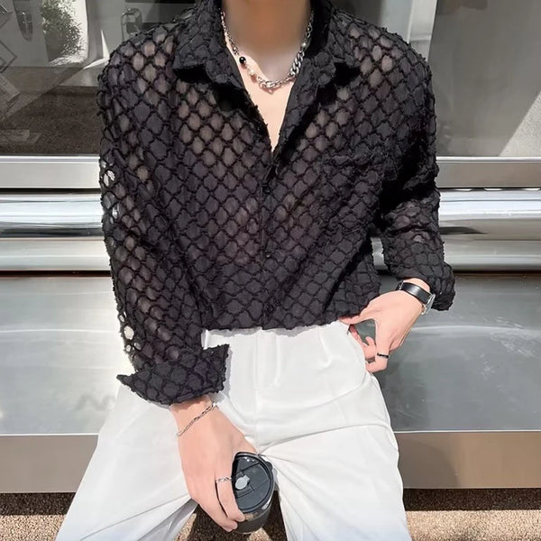 Vintage Plaid Mesh Shirt Men Long Sleeve Streetwear Button Up